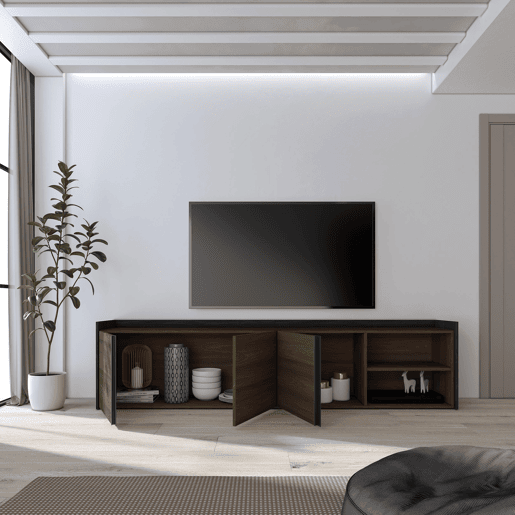 Móvel de TV, Muito espaço de arrumação, 207x35x50cm, Para televisores até 80, Estante para TV, Estilo moderno, Carvalho escuro e Preto