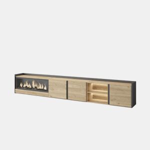 Móvel de TV, Muito espaço de arrumação, 315x35x50cm, Para televisores até 80, Lareira eléctrica XXL, LED, Estilo moderno, Carvalho e preto