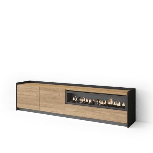 Móvel de TV, Muito espaço de arrumação, 207x37x50cm, Para televisores até 80, Lareira eléctrica, LED, Estilo moderno, Carvalho e preto Móvel de TV, Muito espaço de arrumação, 207x37x50cm, Para televisores até 80, Lareira eléctrica, LED, Estilo moderno, Carvalho e preto