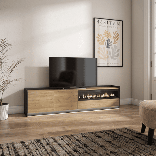 Móvel de TV, Muito espaço de arrumação, 207x37x50cm, Para televisores até 80, Lareira eléctrica, LED, Estilo moderno, Carvalho e preto Móvel de TV, Muito espaço de arrumação, 207x37x50cm, Para televisores até 80, Lareira eléctrica, LED, Estilo moderno, Carvalho e preto