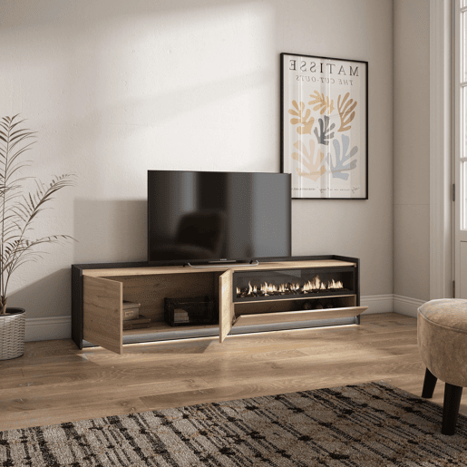 Móvel de TV, Muito espaço de arrumação, 207x37x50cm, Para televisores até 80, Lareira eléctrica, LED, Estilo moderno, Carvalho e preto Móvel de TV, Muito espaço de arrumação, 207x37x50cm, Para televisores até 80, Lareira eléctrica, LED, Estilo moderno, Carvalho e preto