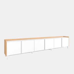 Móvel de TV, Muito espaço de arrumação, 309x35x61cm, Para televisores até 80, Design industrial, Estilo moderno, Branco e Carvalho soft