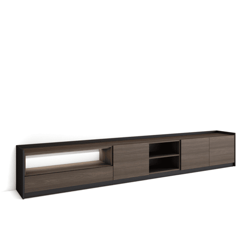 Móvel de TV, Muito espaço de arrumação, 310x37x50cm, Para televisores até 80, LED, Estilo moderno, Carvalho escuro e Preto