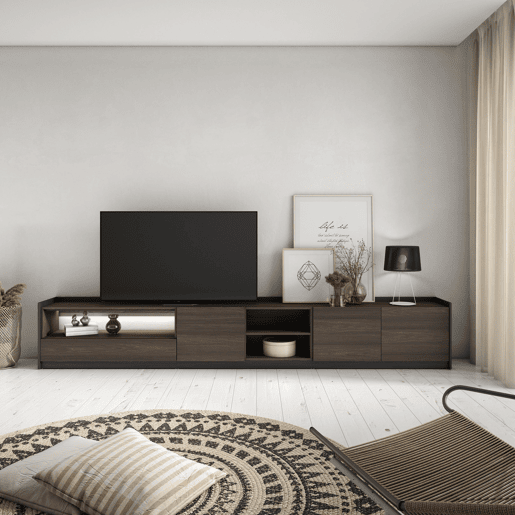 Móvel de TV, Muito espaço de arrumação, 310x37x50cm, Para televisores até 80, LED, Estilo moderno, Carvalho escuro e Preto