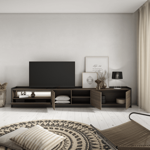 Móvel de TV, Muito espaço de arrumação, 310x37x50cm, Para televisores até 80, LED, Estilo moderno, Carvalho escuro e Preto