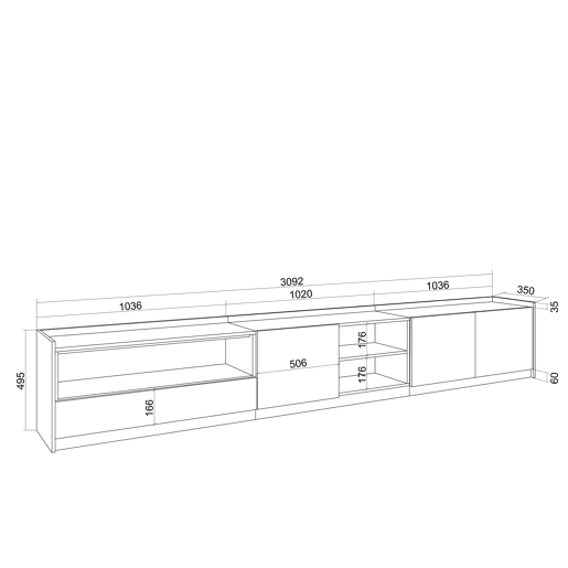 Móvel de TV, Muito espaço de arrumação, 310x37x50cm, Para televisores até 80, LED, Estilo moderno, Carvalho escuro e Preto