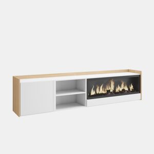 Móvel de TV, Muito espaço de arrumação, 212x35x50cm, Para televisores até 80, Lareira eléctrica XXL, Suspensos, Estilo moderno, Branco e Carvalho soft