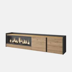 Móvel de TV, Muito espaço de arrumação, 212x35x50cm, Para televisores até 80, Lareira eléctrica XXL, Suspensos, LED, Estilo moderno, Carvalho e preto
