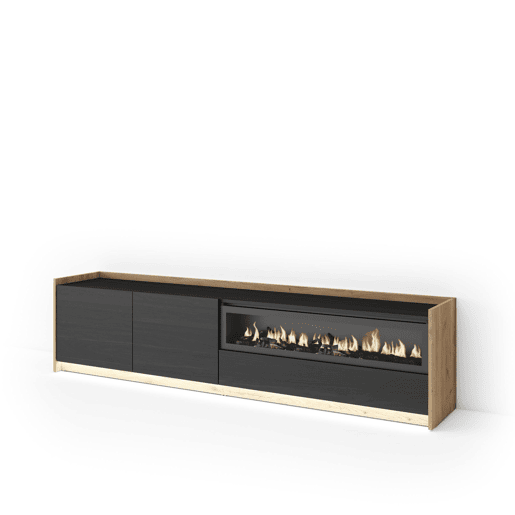 Móvel de TV, Muito espaço de arrumação, 207x37x50cm, Para televisores até 80, Lareira eléctrica, LED, Estilo moderno, Preto e Carvalho