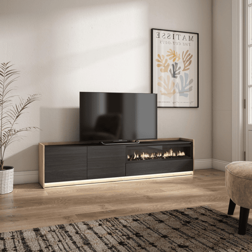 Móvel de TV, Muito espaço de arrumação, 207x37x50cm, Para televisores até 80, Lareira eléctrica, LED, Estilo moderno, Preto e Carvalho