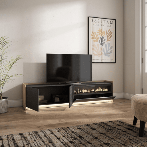 Móvel de TV, Muito espaço de arrumação, 207x37x50cm, Para televisores até 80, Lareira eléctrica, LED, Estilo moderno, Preto e Carvalho