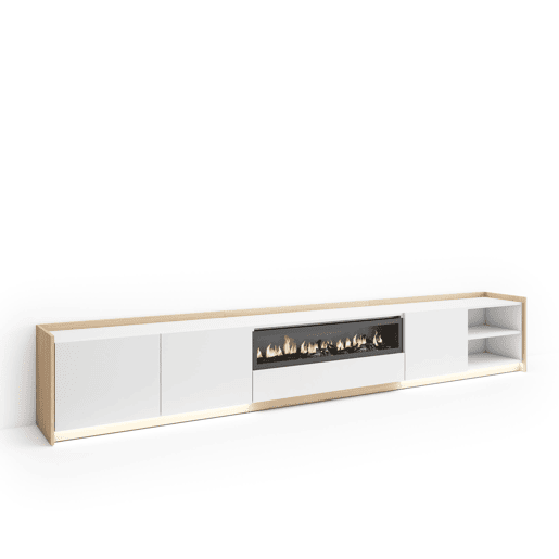 Móvel de TV, Muito espaço de arrumação, 310x37x50cm, Para televisores até 80, Lareira eléctrica, LED, Estilo moderno, Branco e Carvalho soft
