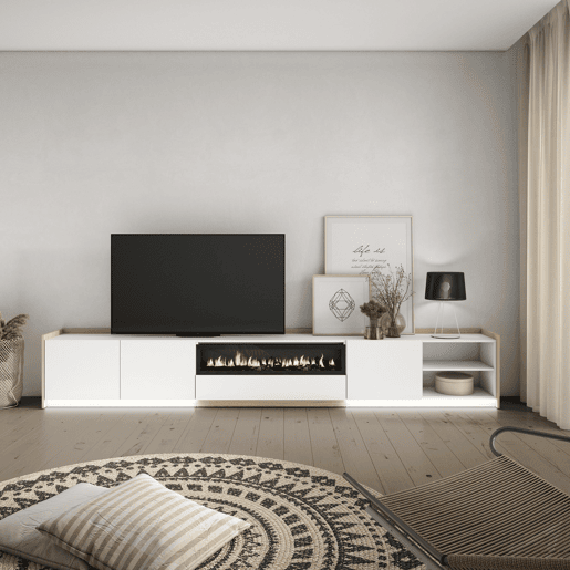 Móvel de TV, Muito espaço de arrumação, 310x37x50cm, Para televisores até 80, Lareira eléctrica, LED, Estilo moderno, Branco e Carvalho soft