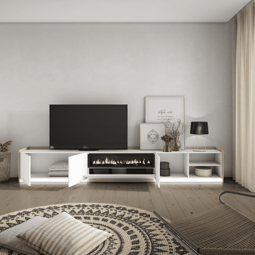Móvel de TV, Muito espaço de arrumação, 310x37x50cm, Para televisores até 80, Lareira eléctrica, LED, Estilo moderno, Branco e Carvalho soft