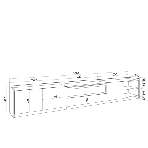 Móvel de TV, Muito espaço de arrumação, 310x37x50cm, Para televisores até 80, Lareira eléctrica, LED, Estilo moderno, Branco e Carvalho soft