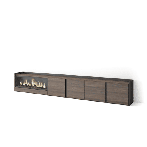 Móvel de TV, Muito espaço de arrumação, 315x35x50cm, Para televisores até 80, Lareira eléctrica XXL, Estilo moderno, Carvalho escuro e Preto Móvel de TV, Muito espaço de arrumação, 315x35x50cm, Para televisores até 80, Lareira eléctrica XXL, Estilo moderno, Carvalho escuro e Preto