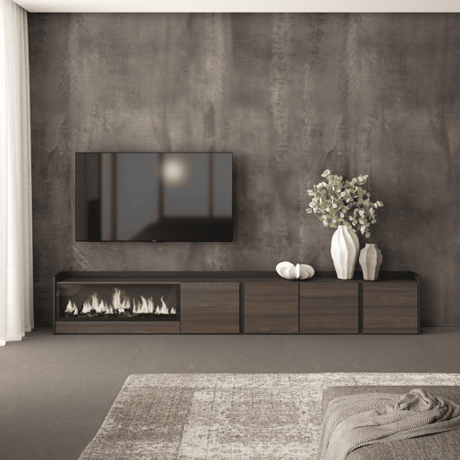 Móvel de TV, Muito espaço de arrumação, 315x35x50cm, Para televisores até 80, Lareira eléctrica XXL, Estilo moderno, Carvalho escuro e Preto Móvel de TV, Muito espaço de arrumação, 315x35x50cm, Para televisores até 80, Lareira eléctrica XXL, Estilo moderno, Carvalho escuro e Preto