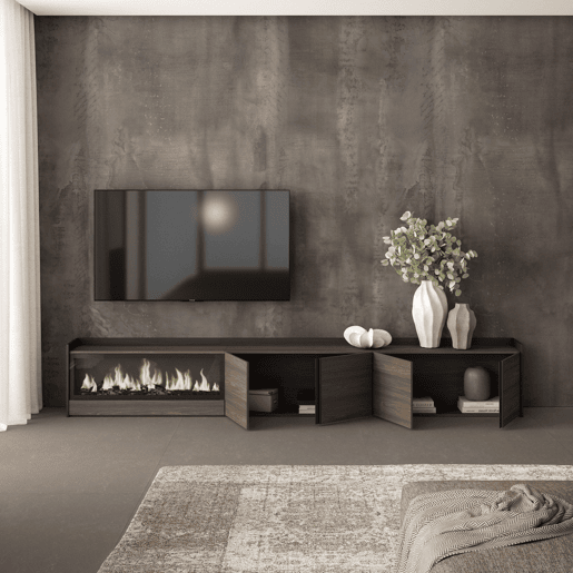 Móvel de TV, Muito espaço de arrumação, 315x35x50cm, Para televisores até 80, Lareira eléctrica XXL, Estilo moderno, Carvalho escuro e Preto Móvel de TV, Muito espaço de arrumação, 315x35x50cm, Para televisores até 80, Lareira eléctrica XXL, Estilo moderno, Carvalho escuro e Preto