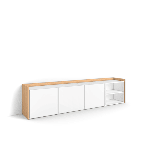 Móvel de TV, Muito espaço de arrumação, 207x35x50cm, Para televisores até 80, Estante para TV, Estilo moderno, Branco e Carvalho soft