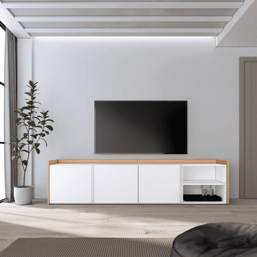 Móvel de TV, Muito espaço de arrumação, 207x35x50cm, Para televisores até 80, Estante para TV, Estilo moderno, Branco e Carvalho soft