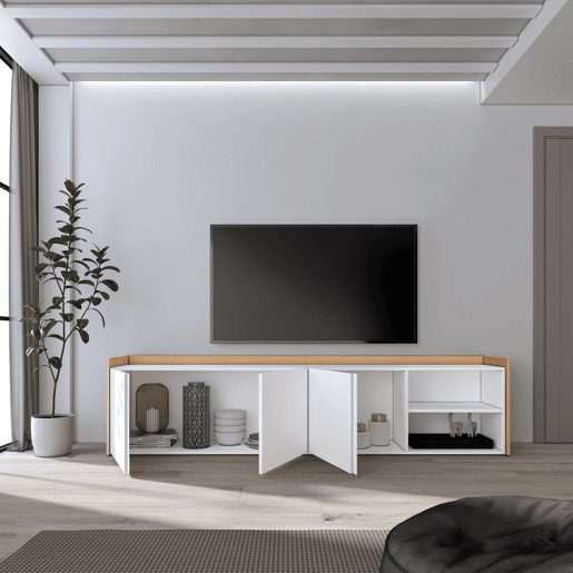Móvel de TV, Muito espaço de arrumação, 207x35x50cm, Para televisores até 80, Estante para TV, Estilo moderno, Branco e Carvalho soft