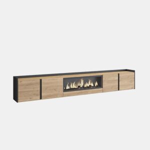 Móvel de TV, Muito espaço de arrumação, 315x35x50cm, Para televisores até 80, Lareira eléctrica XXL, Suspensos, LED, Estilo moderno, Carvalho e preto