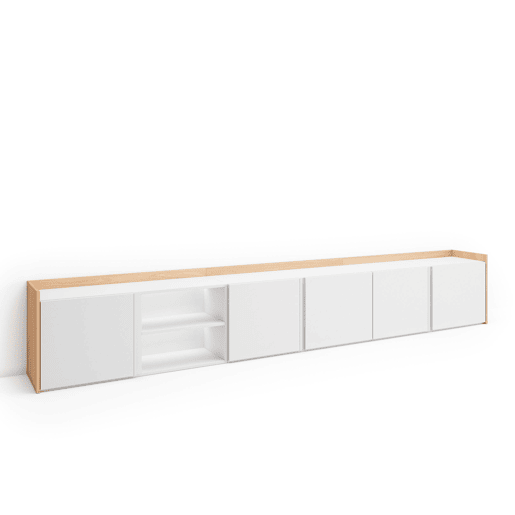Móvel de TV, Muito espaço de arrumação, 309x35x50cm, Para televisores até 80, LED, Estilo moderno, Branco e Carvalho soft