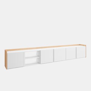 Móvel de TV, Muito espaço de arrumação, 309x35x50cm, Para televisores até 80, LED, Estilo moderno, Branco e Carvalho soft