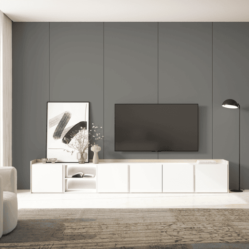 Móvel de TV, Muito espaço de arrumação, 309x35x50cm, Para televisores até 80, LED, Estilo moderno, Branco e Carvalho soft