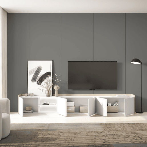 Móvel de TV, Muito espaço de arrumação, 309x35x50cm, Para televisores até 80, LED, Estilo moderno, Branco e Carvalho soft