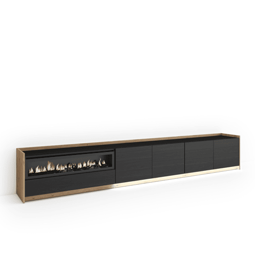 Móvel de TV, Muito espaço de arrumação, 310x37x50cm, Para televisores até 80, Lareira eléctrica, LED, Estilo moderno, Preto e Carvalho