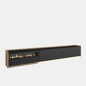 Móvel de TV, Muito espaço de arrumação, 310x37x50cm, Para televisores até 80, Lareira eléctrica, LED, Estilo moderno, Preto e Carvalho