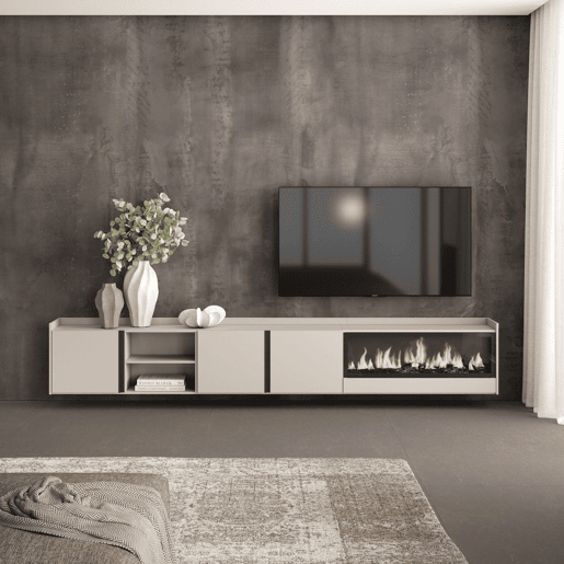 Móvel de TV, Muito espaço de arrumação, 315x35x50cm, Para televisores até 80, Lareira eléctrica XXL, Suspensos, Estilo moderno, Bege Móvel de TV, Muito espaço de arrumação, 315x35x50cm, Para televisores até 80, Lareira eléctrica XXL, Suspensos, Estilo moderno, Bege