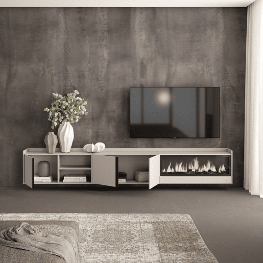 Móvel de TV, Muito espaço de arrumação, 315x35x50cm, Para televisores até 80, Lareira eléctrica XXL, Suspensos, Estilo moderno, Bege Móvel de TV, Muito espaço de arrumação, 315x35x50cm, Para televisores até 80, Lareira eléctrica XXL, Suspensos, Estilo moderno, Bege