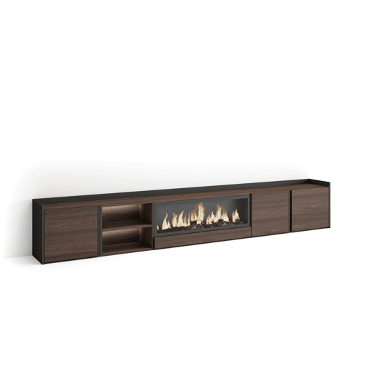 Móvel de TV, Muito espaço de arrumação, 315x35x50cm, Para televisores até 80, Lareira eléctrica XXL, LED, Estilo moderno, Carvalho escuro e Preto