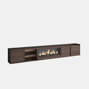 Móvel de TV, Muito espaço de arrumação, 315x35x50cm, Para televisores até 80, Lareira eléctrica XXL, LED, Estilo moderno, Carvalho escuro e Preto