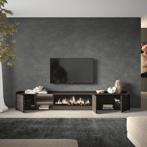 Móvel de TV, Muito espaço de arrumação, 315x35x50cm, Para televisores até 80, Lareira eléctrica XXL, LED, Estilo moderno, Carvalho escuro e Preto