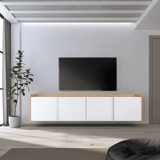 Móvel de TV, Muito espaço de arrumação, 207x35x50cm, Para televisores até 80, Suspensos, Estilo moderno, Branco e Carvalho soft