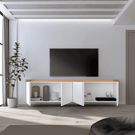 Móvel de TV, Muito espaço de arrumação, 207x35x50cm, Para televisores até 80, Suspensos, Estilo moderno, Branco e Carvalho soft