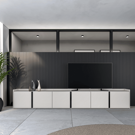 Móvel de TV, Muito espaço de arrumação, 309x35x50cm, Para televisores até 80, Estante para TV, Estilo moderno, Bege