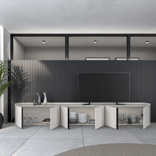 Móvel de TV, Muito espaço de arrumação, 309x35x50cm, Para televisores até 80, Estante para TV, Estilo moderno, Bege