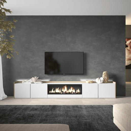 Móvel de TV, Muito espaço de arrumação, 315x35x50cm, Para televisores até 80, Lareira eléctrica XXL, LED, Estilo moderno, Branco e Carvalho soft