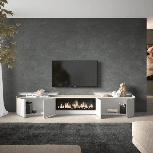 Móvel de TV, Muito espaço de arrumação, 315x35x50cm, Para televisores até 80, Lareira eléctrica XXL, LED, Estilo moderno, Branco e Carvalho soft