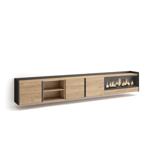 Móvel de TV, Muito espaço de arrumação, 315x35x50cm, Para televisores até 80, Lareira eléctrica XXL, Suspensos, Estilo moderno, Carvalho e preto Móvel de TV, Muito espaço de arrumação, 315x35x50cm, Para televisores até 80, Lareira eléctrica XXL, Suspensos, Estilo moderno, Carvalho e preto