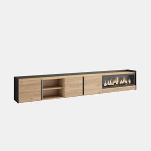 Móvel de TV, Muito espaço de arrumação, 315x35x50cm, Para televisores até 80, Lareira eléctrica XXL, Suspensos, Estilo moderno, Carvalho e preto