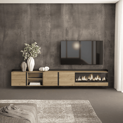 Móvel de TV, Muito espaço de arrumação, 315x35x50cm, Para televisores até 80, Lareira eléctrica XXL, Suspensos, Estilo moderno, Carvalho e preto Móvel de TV, Muito espaço de arrumação, 315x35x50cm, Para televisores até 80, Lareira eléctrica XXL, Suspensos, Estilo moderno, Carvalho e preto