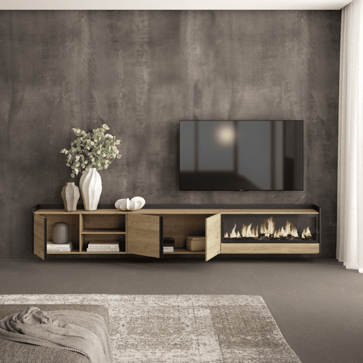 Móvel de TV, Muito espaço de arrumação, 315x35x50cm, Para televisores até 80, Lareira eléctrica XXL, Suspensos, Estilo moderno, Carvalho e preto Móvel de TV, Muito espaço de arrumação, 315x35x50cm, Para televisores até 80, Lareira eléctrica XXL, Suspensos, Estilo moderno, Carvalho e preto