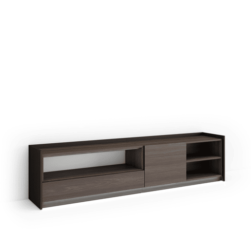 Móvel de TV, Muito espaço de arrumação, 207x37x50cm, Para televisores até 80, LED, Estilo moderno, Carvalho escuro e Preto