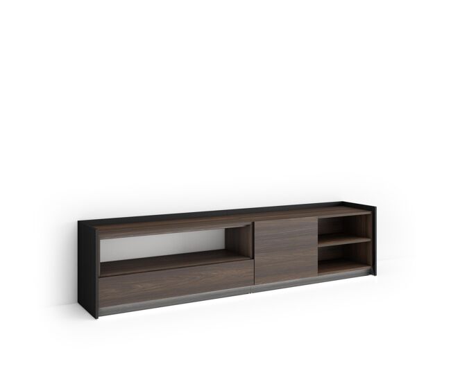 Mueble tv, televisión, muebles de salón, almacenaje, 207x37x50cm, para tv hasta 80", led, estilo moderno, roble oscuro y negro