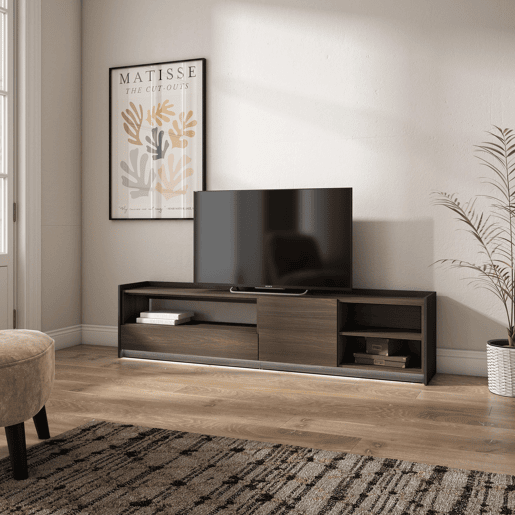 Móvel de TV, Muito espaço de arrumação, 207x37x50cm, Para televisores até 80, LED, Estilo moderno, Carvalho escuro e Preto